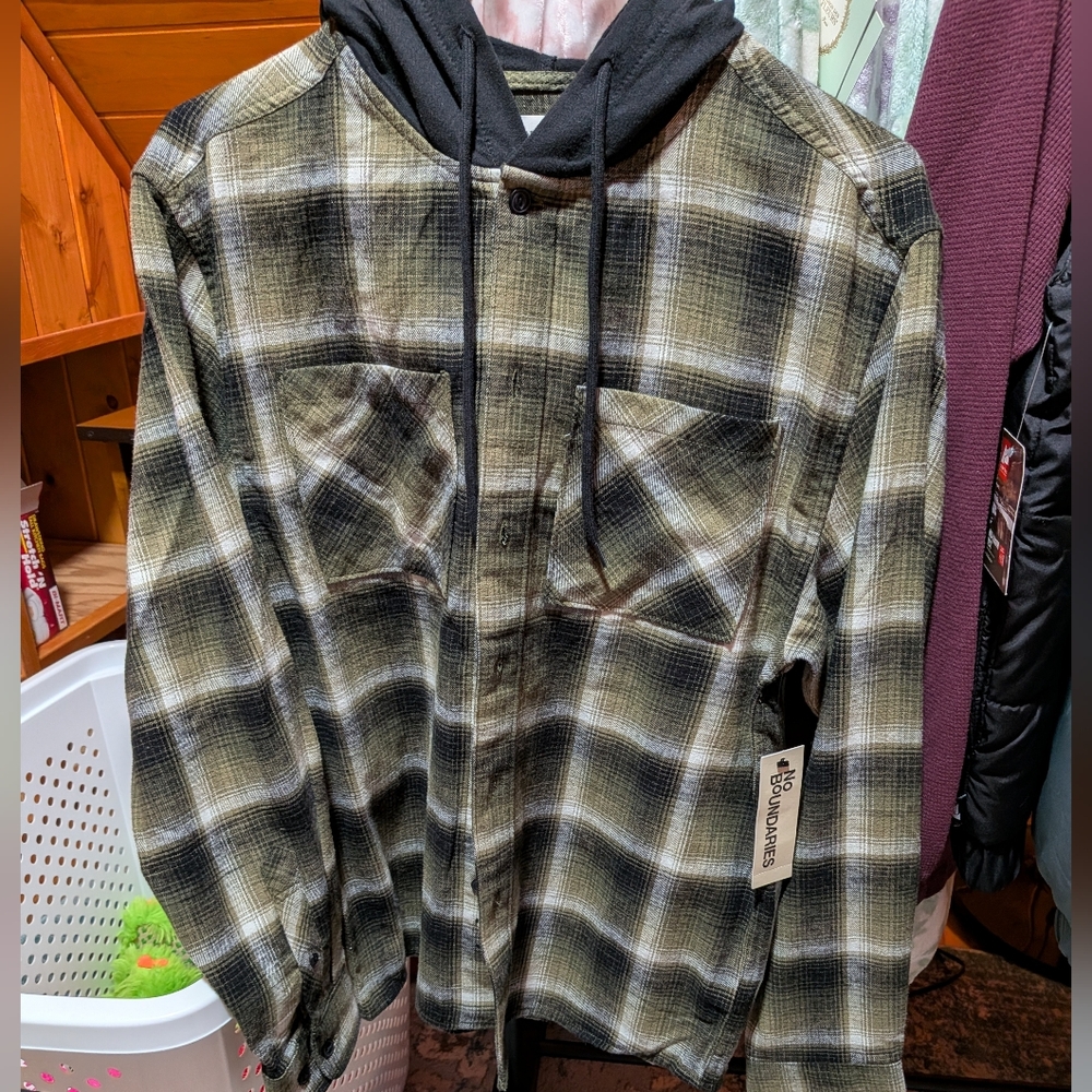 No Boundaries Plaid Shirt with Black Hood Size XS